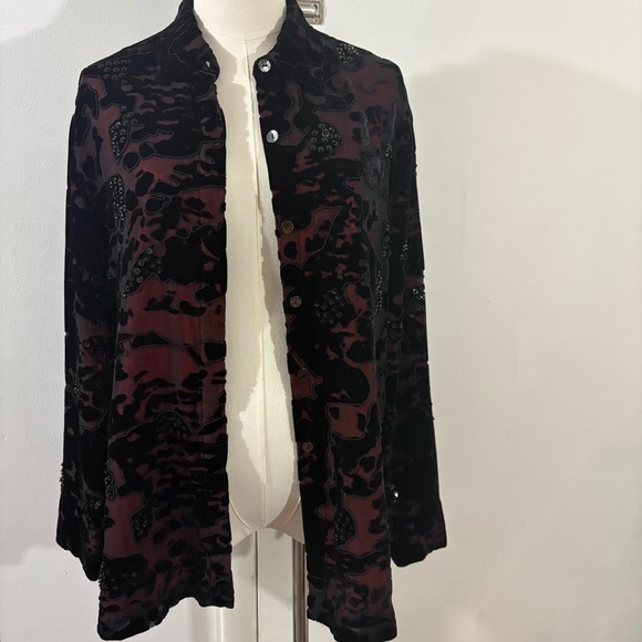 Vtg Chicos Design Velvet Embellished Silk Blend Button Top Black Red Sz 1 M - Picture 1 of 15